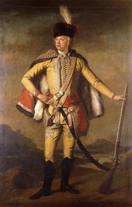 Portret van John Lindsay, 20e Graaf van Crawford en Lindsay, in Hussarenuniform, met een Vuursteenmusket, een Landschap op de Achtergrond, c.1745 door Scottish School
