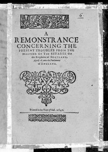 Titelpagina voor A Remonstrance concerning the present troubles from the meeting of the estates of the Kingdome of Scotland, gepubliceerd 1640 (gedrukt papier) door Scottish School