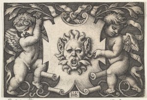 Een Masker op een Wapenschild Ondersteund door Twee Genii, 1544 door Sebald Beham