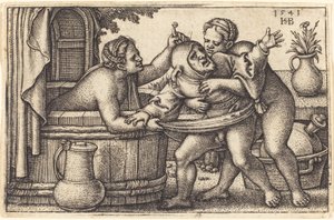 Clown en Twee Vrouwen die Baden door Sebald Beham
