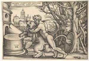 Hercules, in profiel, doodt de Nemeïsche leeuw met zijn arm om zijn nek, uit 