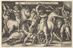 Hercules met zijn knuppel in het midden vechtend tegen een centaur, andere mannen vechten tegen centauren links, 1542