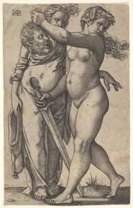 Judith loopt naar links met het hoofd van Holofernes in haar rechterhand en een zwaard, ca. 1530-50