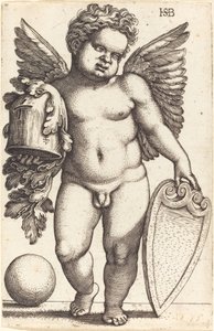 Mannelijk genie met een wapenschild