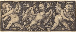 Ornament met adelaar en twee genii door Sebald Beham
