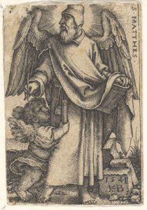 Plaat 1: Sint Mattheüs met zijn hoofd in profiel naar links gedraaid, een cherub linksonder, 1541