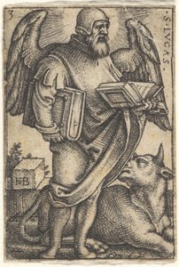 Sint Lucas met zijn hoofd in profiel naar rechts gedraaid, een boek in elke hand
