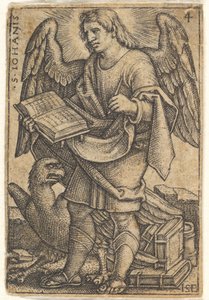 Sint Jan met zijn hoofd driekwart naar links gedraaid, met een boek in zijn rechterhand, 1541