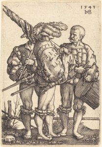 Vaandeldrager, trommelaar en pijper door Sebald Beham