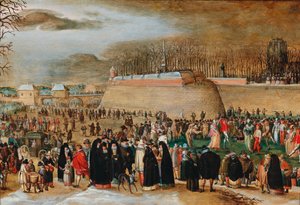 Winterlandschap met een carnavalscène bij het Kipdorppoort Bastion in Antwerpen door Sebastiaen Vrancx