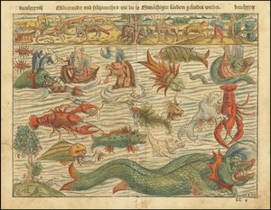 1570 editie van Sebastian Münsters Kaart van zeemonsters door Sebastian Munster