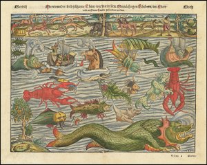 Ca.1570 kaart van land- en zeemonsters door Sebastian Munster door Sebastian Munster