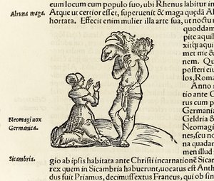 Een heks roept een driehoofdige demon op, uit de editie van 1550 van 