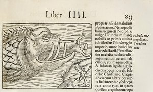 Monsterachtige walvis die mensen verslindt, uit de editie van 1550 van 