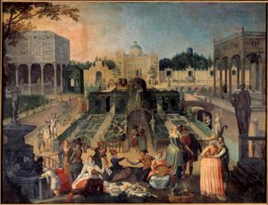 Een feest in het park van de hertog van Mantua. Picknick, muziek, galante scènes in de tuinen van het paleis van de hertog van Gonzaga (Gonzaga). Schilderij door Sebastien Vrancx (1573-1647) 17e eeuw