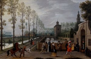 Een elegant gezelschap dat buiten een paleis wandelt door Sebastian Vrancx