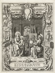 Wapen van het Sint-Lucasgilde met Sint Lucas die Madonna en Kind schildert, 1620-21 door Sebastian Vrancx