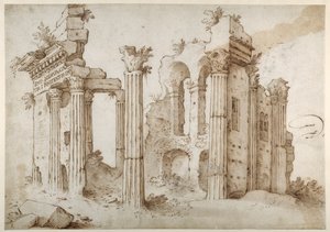 Kolomvormige ruïnes van de Tempel van Minerva, Forum van Nerva, Rome door Sebastian Vrancx