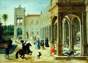Ruiter en Elegante Figuren Buiten een Paleis Binnenplaats