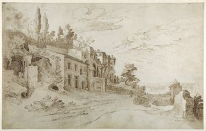 Huizen tussen de ruïnes met een verre blik op Rome door Sebastian Vrancx