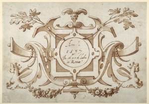 Bandwerk cartouche geassocieerd met de set van zijn Romeinse Zichten door Sebastian Vrancx