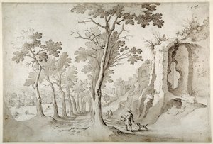 Uitzicht op de Porta Ripa vanaf een laan van bomen tussen ruïnes op de Aventijn met uitzicht op S. Maria dell