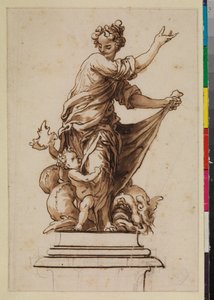 Allegorische groep op een voetstuk met een vrouwelijke figuur, kind en draak, 17e eeuw