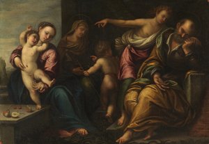 Maagd en kind met de jonge Sint Jan, Sint Elizabeth en de aankondiging aan Jozef door Sebastiano Florigerio