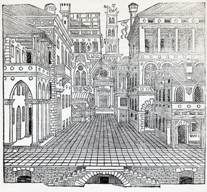 Magische scène, theatraal scèneontwerp door Sebastiano Serlio, illustratie uit 