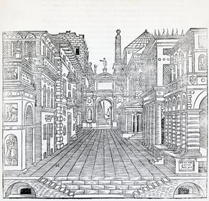 Magische scène, theatraal scèneontwerp door Sebastiano Serlio, illustratie uit 