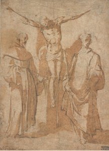 Christus aan het kruis geflankeerd door twee heiligen door Sebastiano Vini
