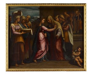 De Visitatie (olieverf op doek) door Sebastiano del (c.1485-1547) (after) Piombo
