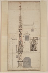 Projet de Mai des Gobelins permanent (recto) (zwart krijt, rood krijt, pen en zwarte en bruine inkt, grijs gewassen, op twee samengevoegde vellen)