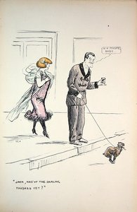Koppel wacht tot een hond zijn behoefte doet, c.1921