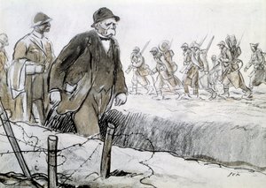 Eerste Wereldoorlog: Portret van Clemenceau (1841-1929) in een kist die het front bezoekt. Tekening door Georges Goursat, bekend als Sem (1863-1934) door Sem