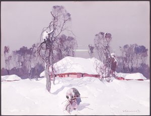 Oude dame verzamelt hout in de sneeuw door Sergei Kolesnikoff