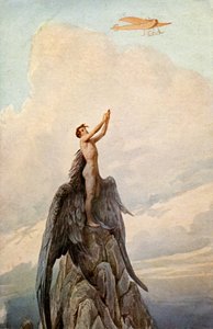Transport. Luchtvaart. De droom van Icarus. Icarus en vliegtuig. Illustratie door J. Solomko, Hongarije, ca. 1916