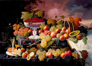 Fruit stilleven in een landschap