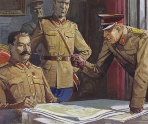 Generaal Georgi Zjoekov ruziet met Stalin over militaire tactiek