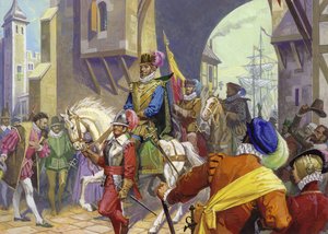 Sir Francis Drake arriveert in Plymouth (gouache op papier) door Severino Baraldi