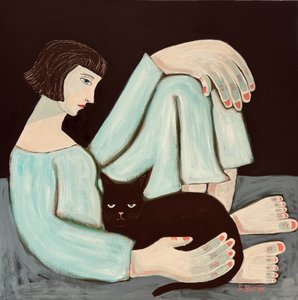 Peinzende vrouw en zwarte kat door Sharyn Bursic