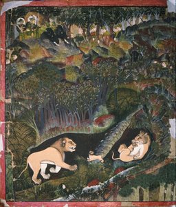 Brijnathji en Durjan Sal zien een troep leeuwen door Shaykh Taju