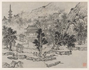 Twaalf Zichten op de Tijgerheuvel, Suzhou: Ver Uitzicht op de Tijgerheuvel vanaf de Kanaalaanlegplaats door Shen Zhou