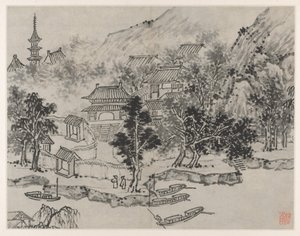 Twaalf Zichten op de Tijgerheuvel, Suzhou: Veraf Zicht op de Tijgerheuvel vanaf de Kanaalaanlegplaats, na 1490 door Shen Zhou