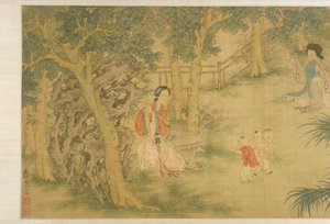 Vrouwen en Kinderen in een Tuin door Shi Wang