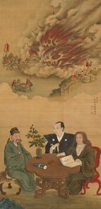 Hangende rol die een ontmoeting van Japan, China en het Westen afbeeldt