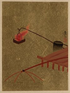 Vuurbak opgehangen aan een dok boven een visnet in het water door Shibata Zeshin