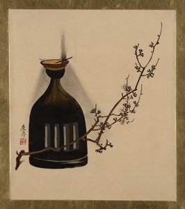 Lakschilderijen van Verschillende Onderwerpen: Pruimentak met Olie Lamp door Shibata Zeshin