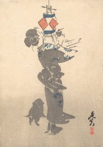 Een hangende lantaarn aansteken voor het Obon-festival, 1860 door Shibata Zeshin