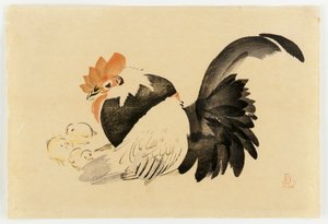 Haan, Hen en Kuikens, Meiji-periode, 1870-79 door Shibata Zeshin